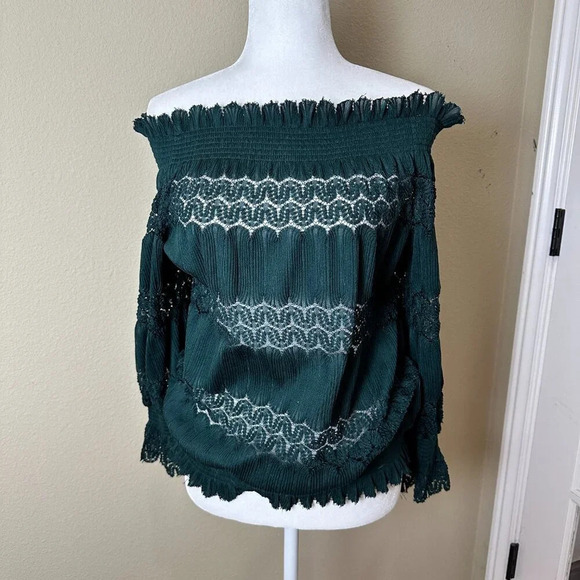 ANTHROPOLOGIE Deletta brand Off Shoulder Green Lace Top - size Medium - Picture 3 of 13
